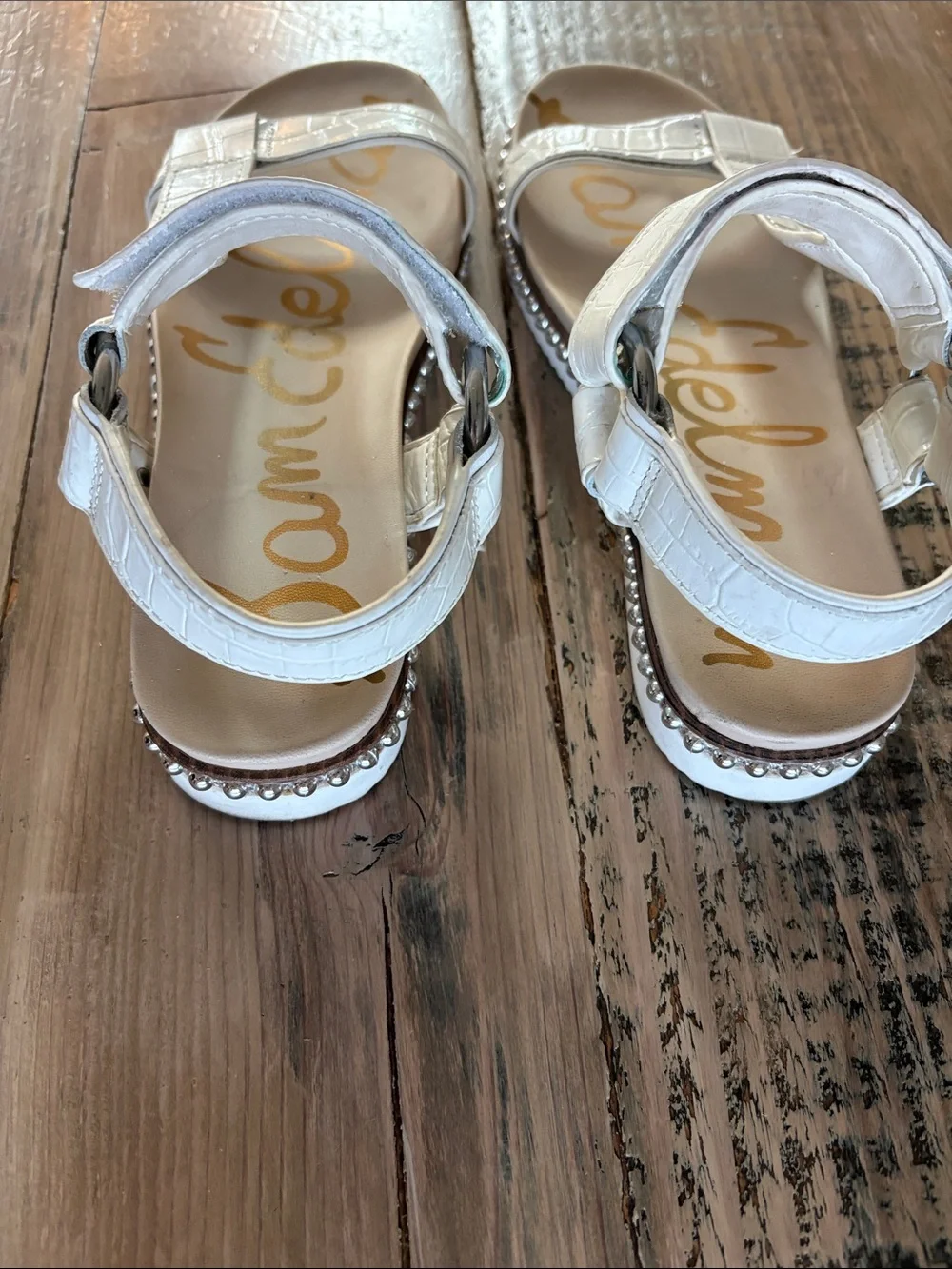Sam Edelman White Croc-Embossed T-Strap Sandals